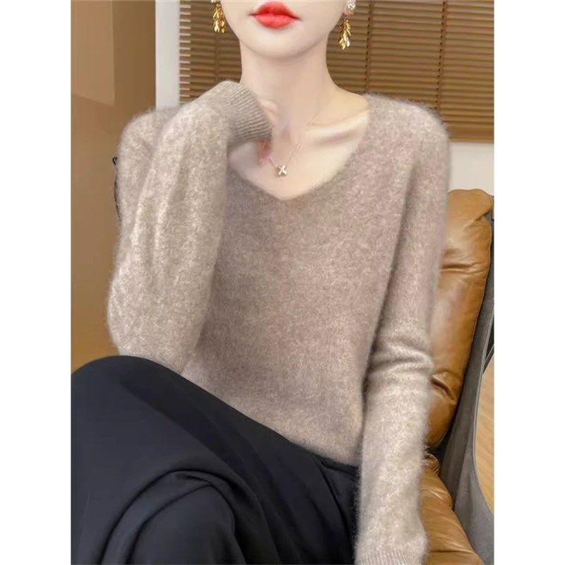 新款羊毛衫女套头V领毛衣宽松大码秋季一线成衣羊绒针织打底衫