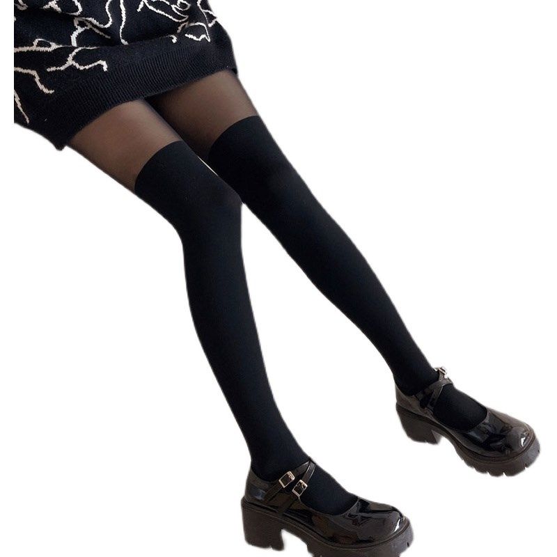 春秋日系毛圈加厚拼接丝袜jk女瘦腿微压假大腿过膝黑色打底连裤袜