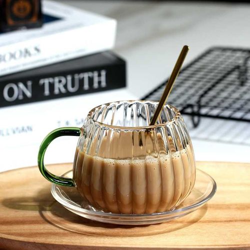 森系圆肚玻璃咖啡杯耐热防爆高硼硅水杯女花茶杯透明手柄马克杯子