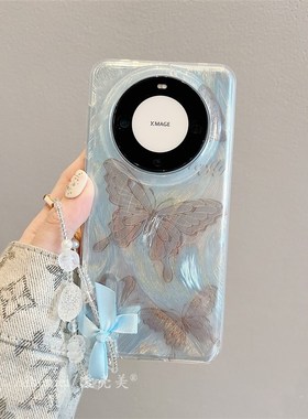 适用华为mate60pro+手机壳p60pro梦幻渐变蓝色晕染羽纱蝴蝶mate40