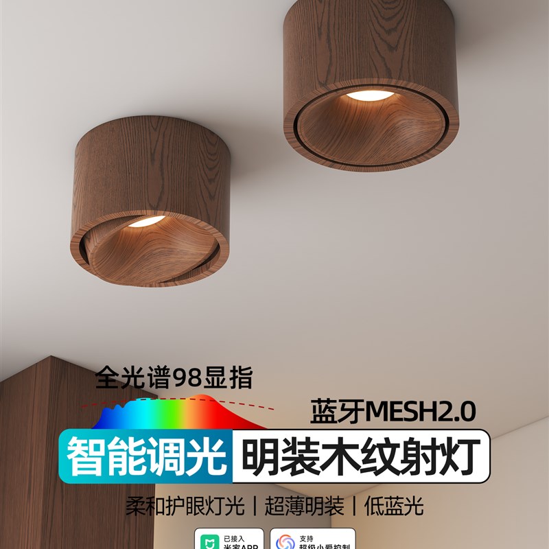 全光谱中古超薄智能明装射灯木纹色客厅走廊橱柜小山丘吸顶无主灯