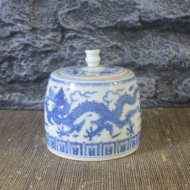 仿古瓷器 复古做旧明成化风格 青花龙凤纹盖罐 古董古玩摆件收藏