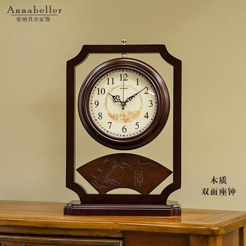 中式木质复古双面座钟客厅静音古典大坐台钟装饰台式石英钟表摆件