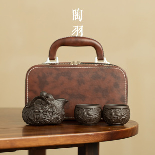 紫砂双龙戏珠手抓壶一壶两杯便携式 户外随车喝茶杯 旅行茶具套装