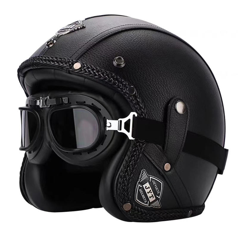 复古电动摩托车皮盔四季踏板巡航机车哈雷头盔男女电动车4/3半盔