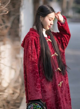 【158元区】棉麻记q2023新款仿水貂绒中长款牛角扣风衣女