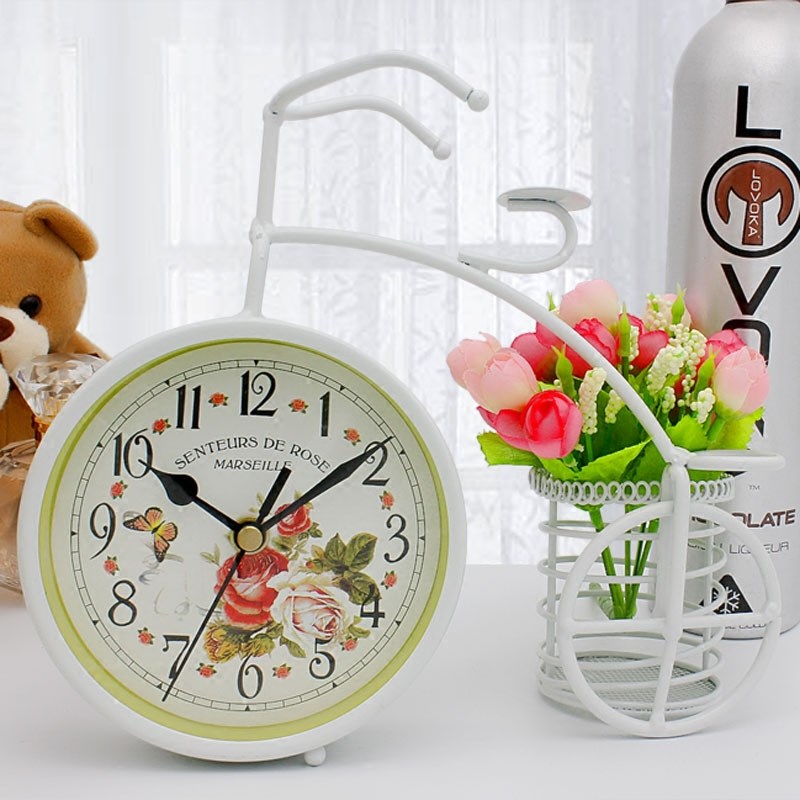 自行车铁艺座g钟田园静音笔筒时钟客厅装饰摆件小台钟表创意笔筒