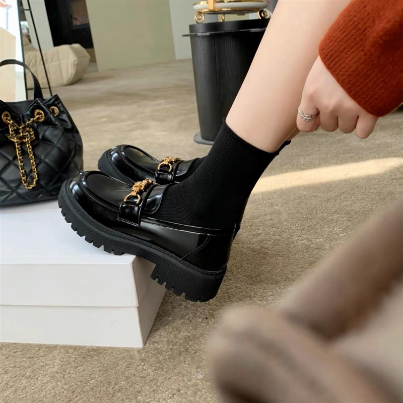 2024年d春季英伦风粗跟厚底黑色乐鞋女门小皮鞋单鞋真皮jk鞋