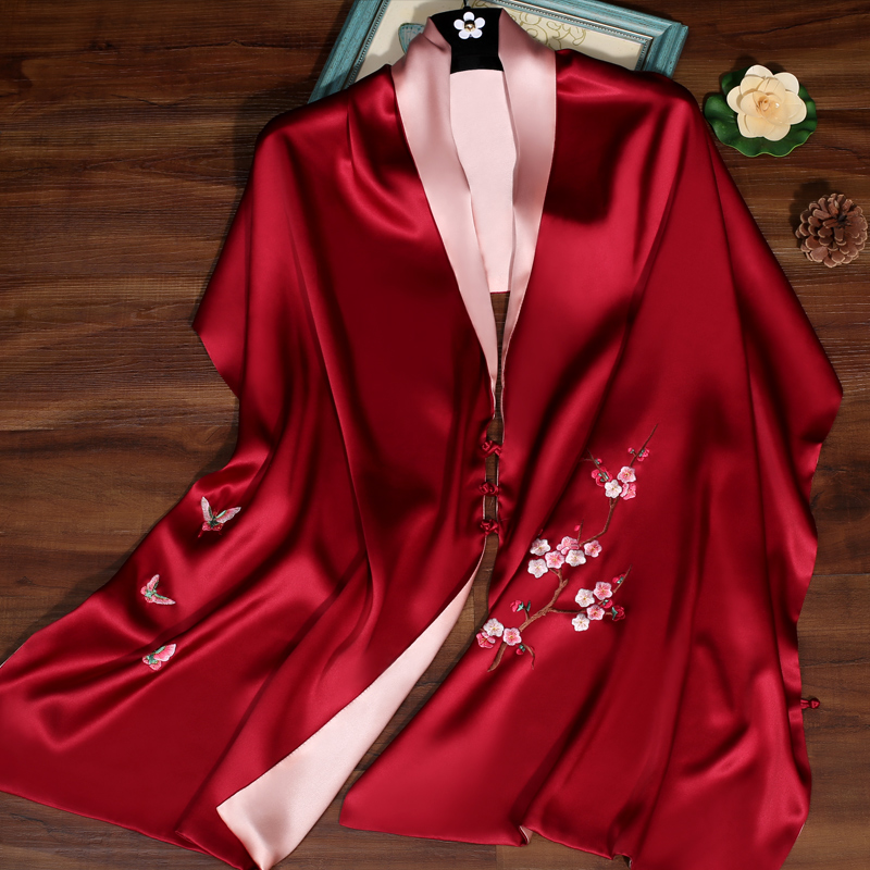 旗袍披肩女真丝春秋冬季手工苏绣桑蚕丝丝巾两用礼服外搭妈妈围巾