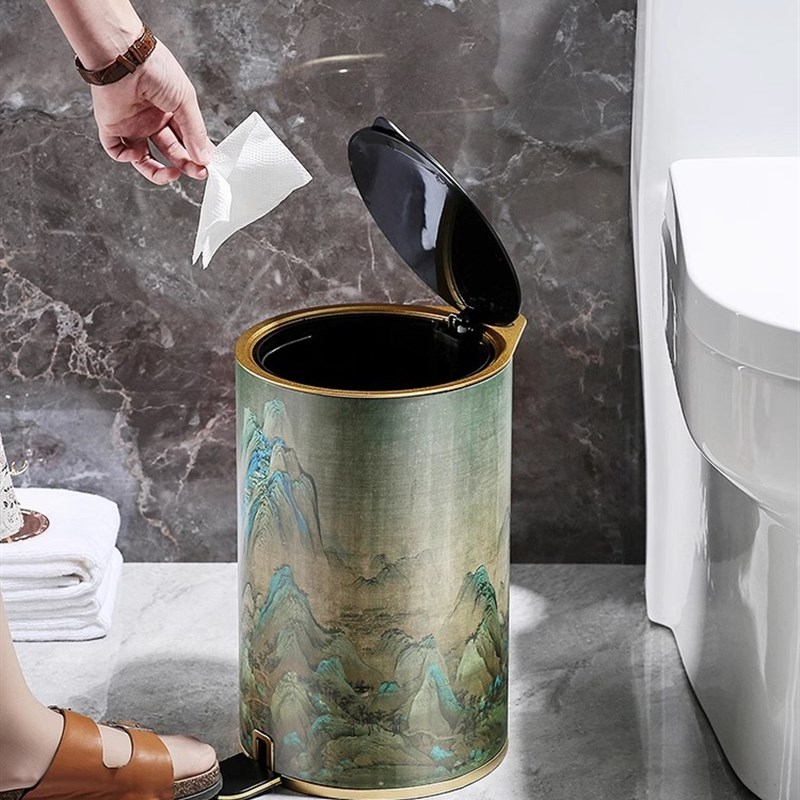 新中式垃圾桶高级卫生桶客厅轻奢家用带盖子子厨房复古202Z3新款