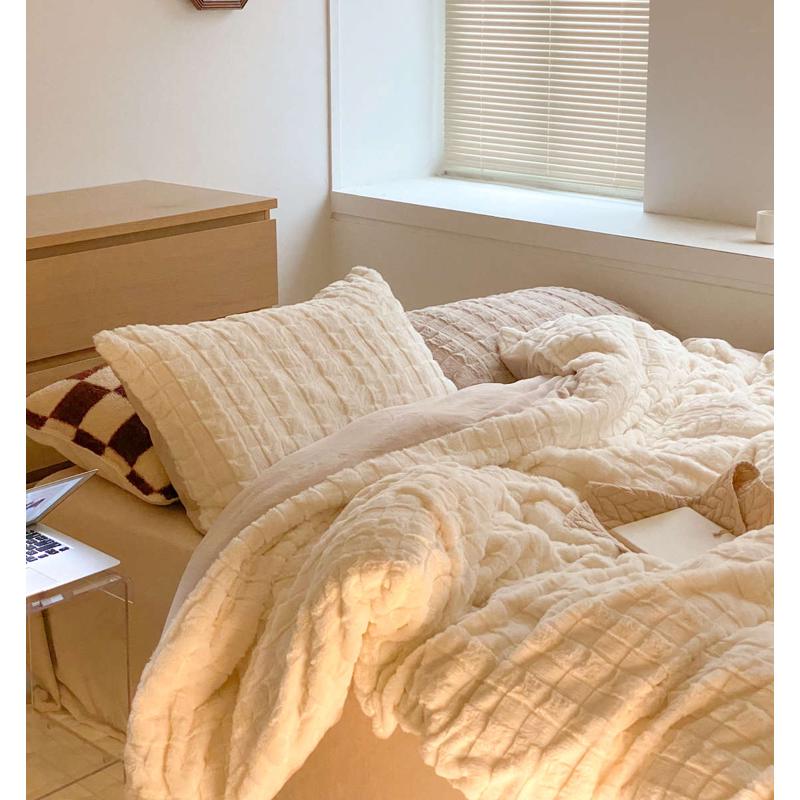 加厚獭兔b毛牛奶绒床上四件套床笠款冬天法式双面绒床单被套米白