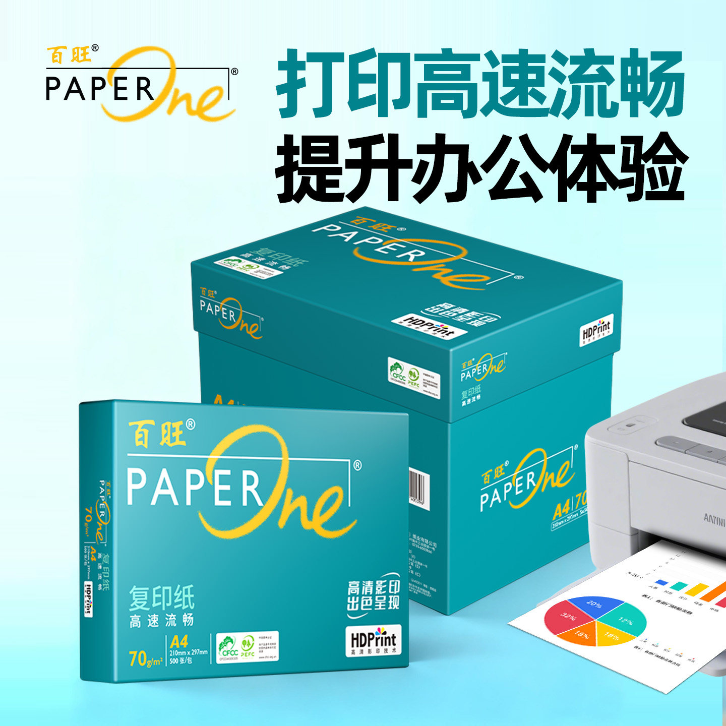 PaperOne绿百旺专业商用办公纸 A4打印复印纸70g80g 批量连续打印复印原生木浆纸不掉粉尘纸屑高端打印机专用