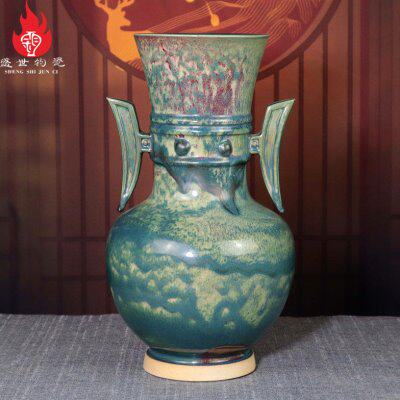 钧瓷花瓶李朝斐柴烧炉钧釉中式陶瓷办公室摆件高档青铜绿色华夏尊