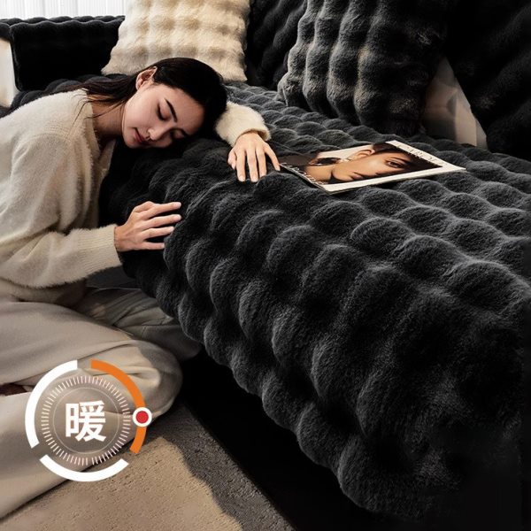 网红兔毛绒沙发垫冬季加厚防滑坐垫子2024新款皮沙发套罩全盖布巾