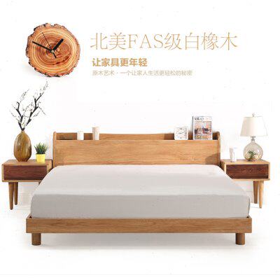 北欧日式橡木床1.8米1.5现代简约卧室全实木小户型双人床带插座床