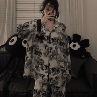 2025新款睡衣女大码胖MM水墨画网红高级感秋季真丝长袖长裤家居服