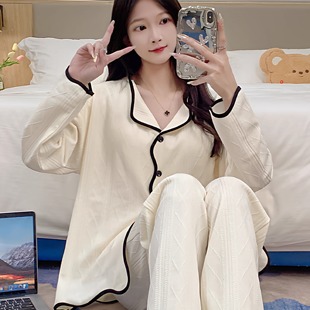 纯棉睡衣女秋季纯色高级感带胸垫长袖提花棉2025年新款分体家居服