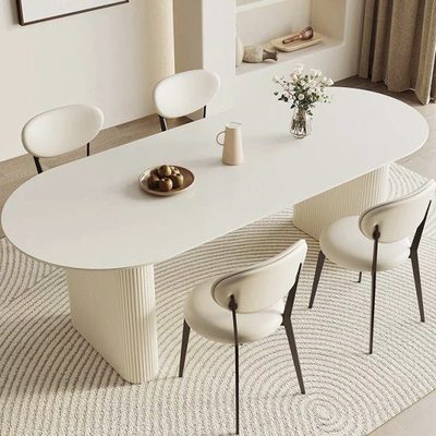 奶油风岩板餐桌轻奢现代简约吃饭桌子椭圆形纯白餐桌椅家用小户型