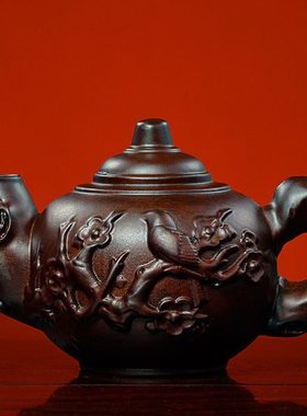 黑檀木雕茶壶摆件实木工艺品明清仿古红木雕刻把把壶转运乔迁送礼