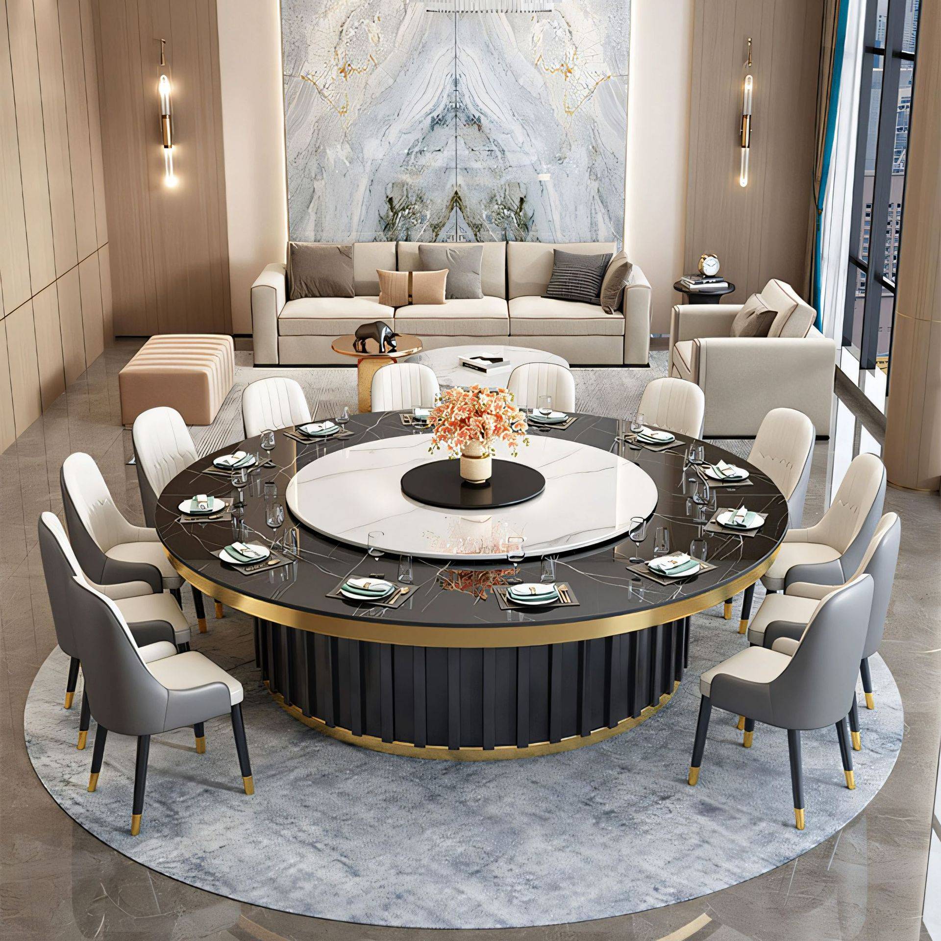 定制酒店岩板多功能电动餐桌高级感轻奢新中式餐厅商用火锅餐桌椅