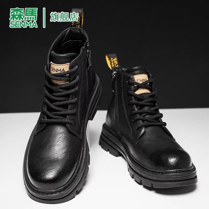 森马黑色马丁靴男2026新款冬季加绒棉鞋英伦风高帮短靴中帮靴子