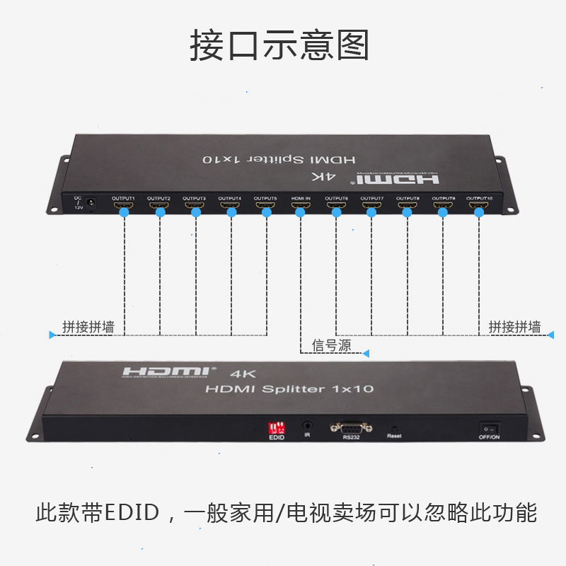 hdmi分配器一分十电视电脑信号1进10出4k拼接屏9出一进十 3X3专业