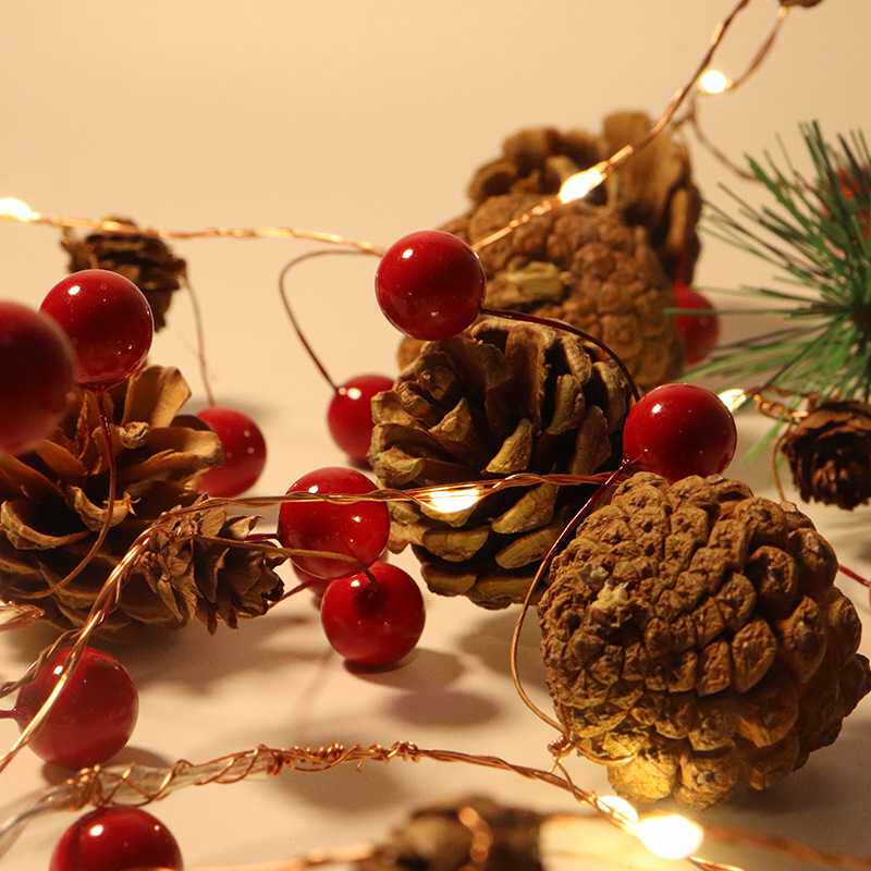 松果LED灯串樱桃小桑果铜线灯创意闪灯串圣诞节庭院松针装饰灯串
