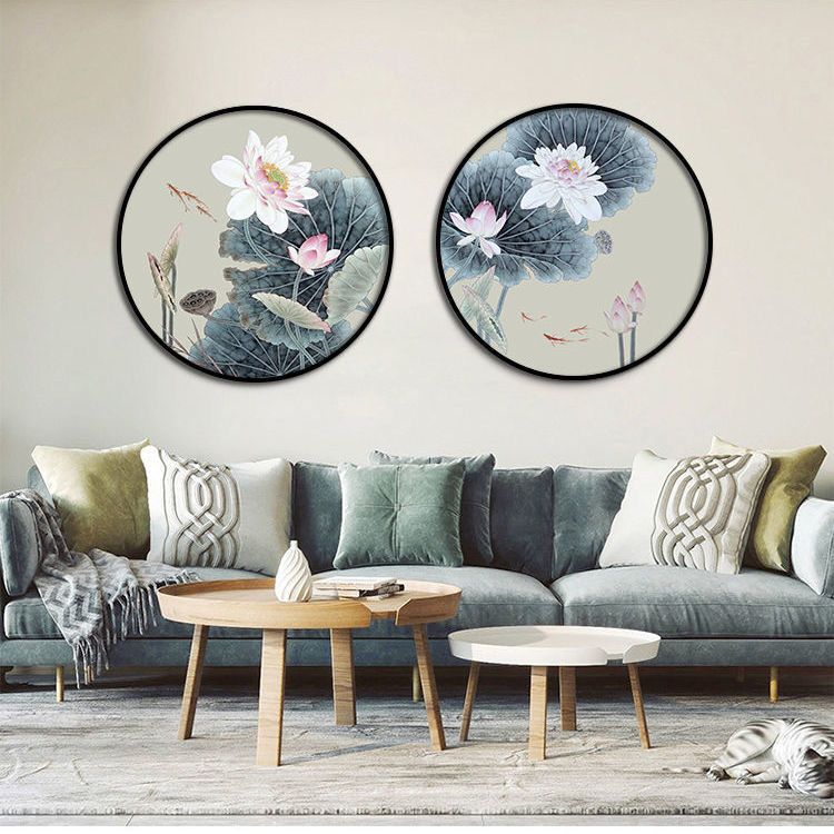 荷花图圆形装饰画新中式壁画玄关背景过道书房客厅沙发背景墙挂画图片