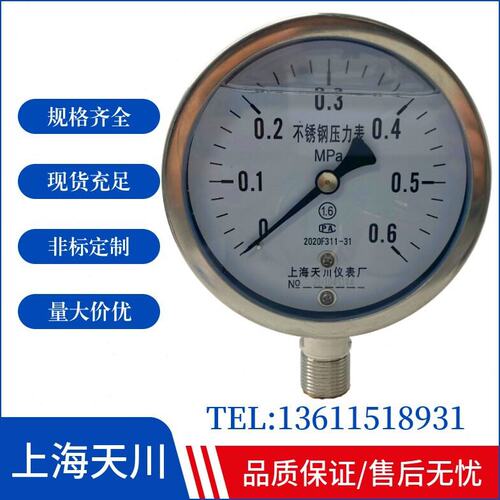 上海天川仪表 全不锈钢耐震压力表压力表304 YN-100BF 耐高温防腐