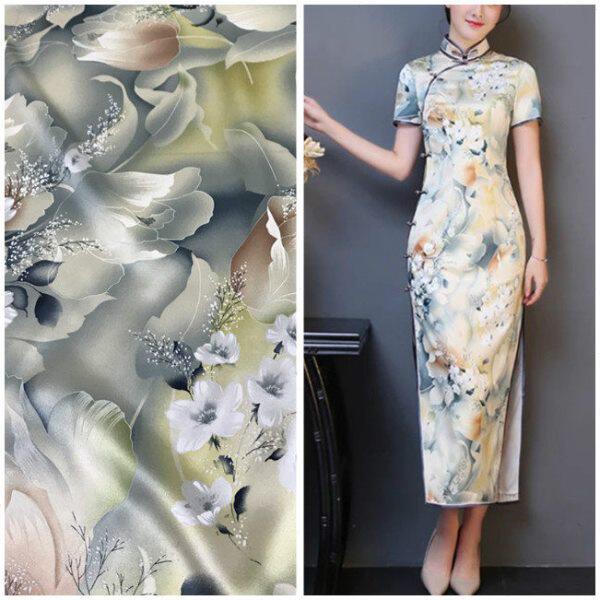 苏州鸿成25姆米重磅桑蚕丝真丝缎喷绘印花加厚丝绸旗袍服装面料