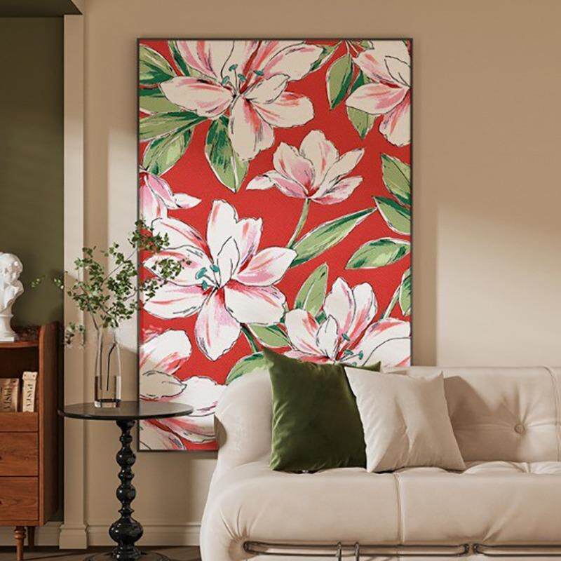 现代简约红色复古花朵小众客厅餐厅玄关装饰画铝合金挂画卧室壁画