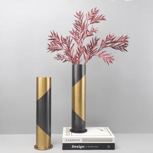 欧式 饰品 轻奢黑金拼接金属直筒花器摆件客厅卧室玄关样板间家居装
