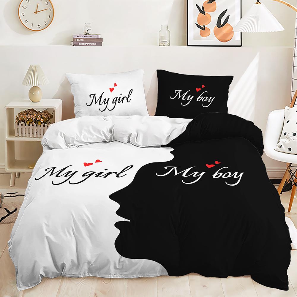 三件套黑白系列情侣被套数码印花外贸床上用品套件