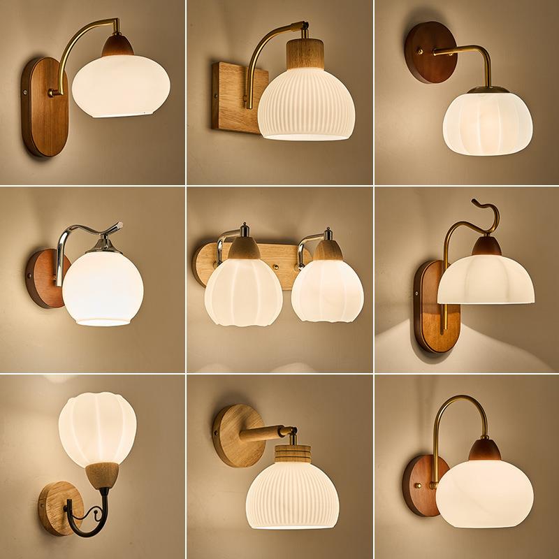 壁灯北欧原木艺简约胡桃色实木卧室床头灯拉线开关客厅过道楼梯灯