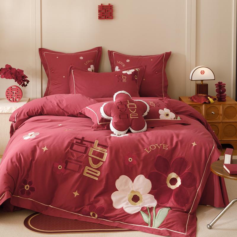 秋冬100S长绒棉全棉磨毛婚庆四件套纯棉大红被套床单结婚床上用品