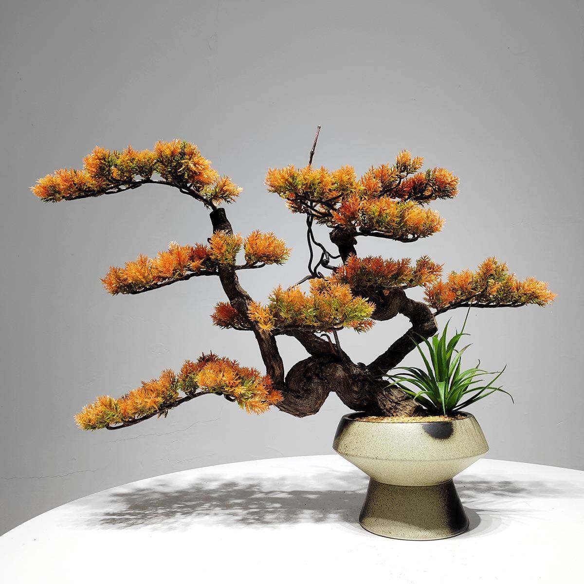 新中式复古花瓶插花松叶套装客厅桌面陶瓷花器仿真绿植迎客松摆件