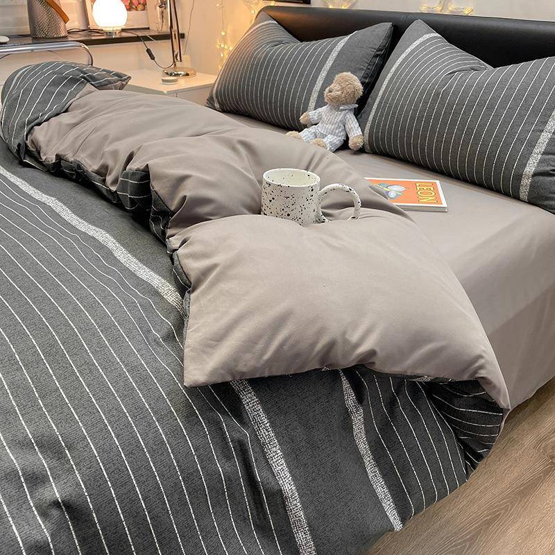 日式条纹格子裸睡四件套学生宿舍三件套水洗棉床单被套床上用品