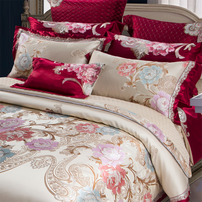 欧式婚庆床上用品四件套美式奢华样板间贡缎结婚八十件套
