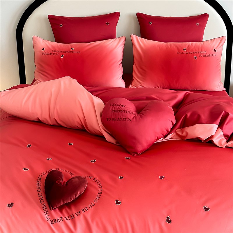 浪漫婚礼渐变色婚庆四件套全棉100S爱心刺绣红色结婚被套床单床笠