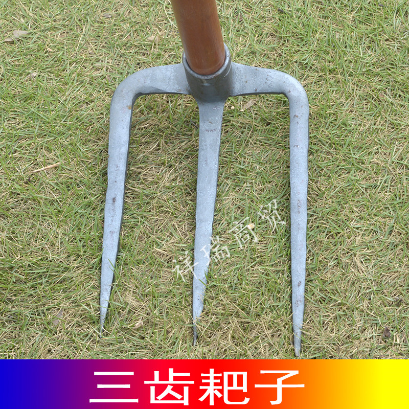 手工锻打木柄二齿三齿四齿耙子耙头松土种菜赶海扒子铁耙锄头家用