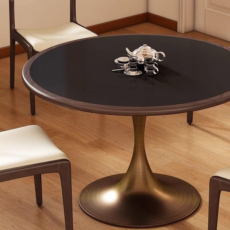 洽谈桌子内嵌岩板圆桌家用复古北欧小户型黑胡桃实木中古圆餐桌