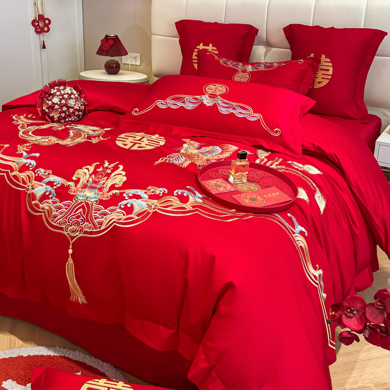 高档中式婚庆四件组全棉喜庆结婚大红色床单刺绣被套新婚床上用品