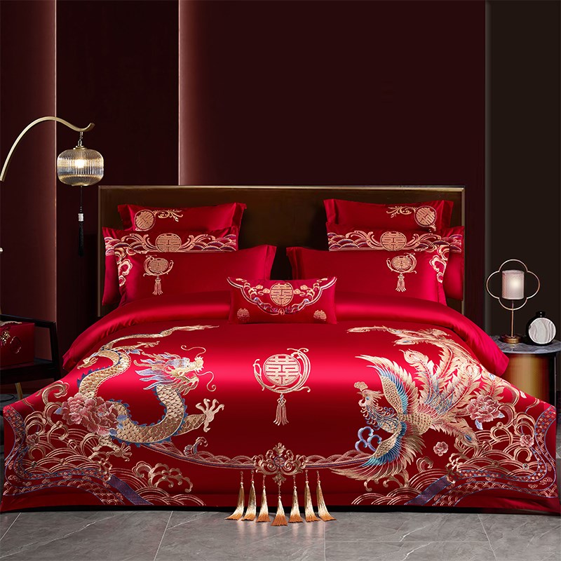 高端100支长绒棉龙凤刺绣婚庆四件套大红色被套纯棉结婚床上用品4