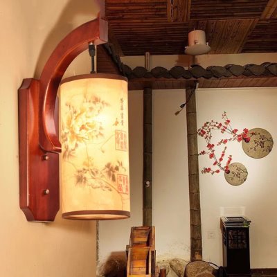 中式实木壁灯卧室客厅客房床头灯走廊过道玄关中国风装饰羊皮灯罩