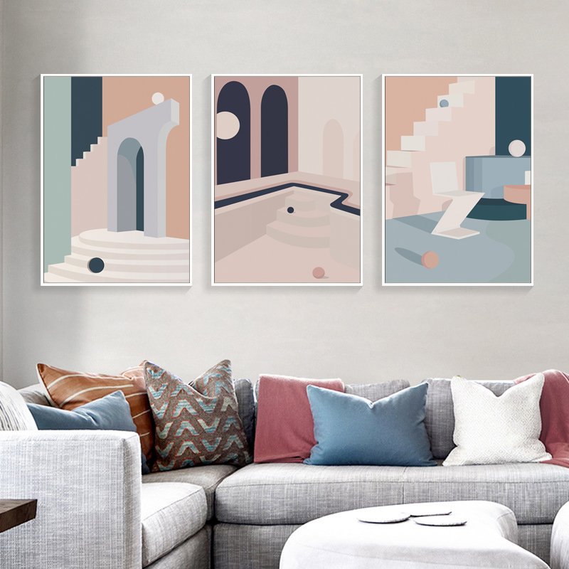 客厅沙发莫兰f迪装饰画餐厅简约挂画玄关艺术抽象几何建筑壁画