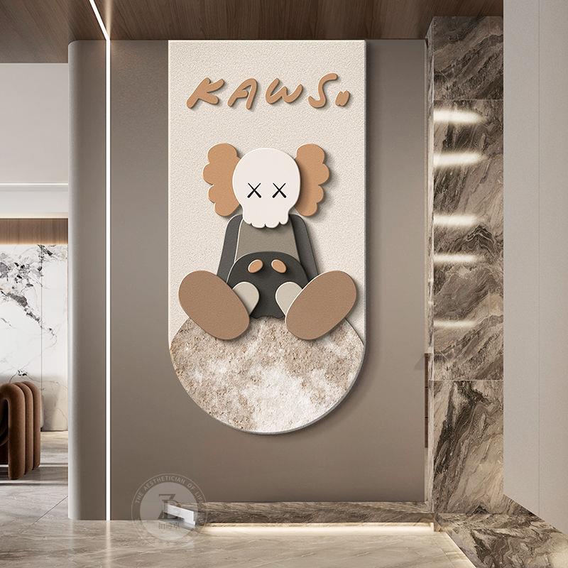 潮流KAWS玄关装饰画LED发光灯画高级感砂岩拱形入户走廊过道挂画