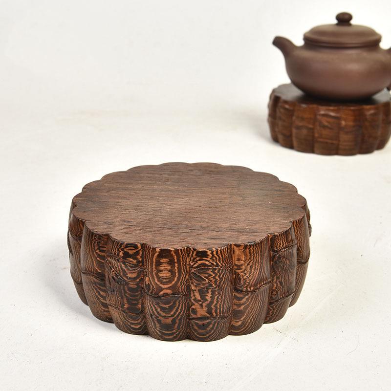 鸡翅木竹节圆形底座实木花瓶盆景奇石紫砂花壶铜器工艺品摆件底座