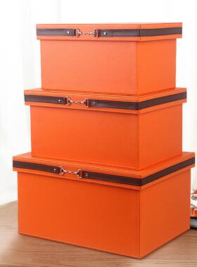 家用整理箱储物箱子大号皮质样板房装饰摆件橙色衣柜衣帽间收纳盒