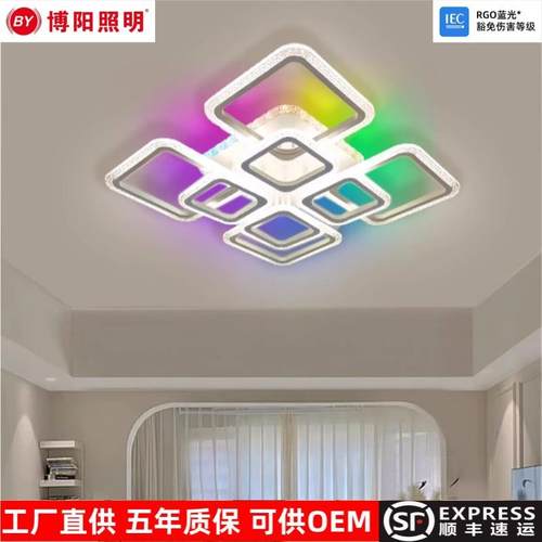 2024铁艺亚克力吸顶灯高级感氛围RGB七彩卧室灯超亮方形出口灯具