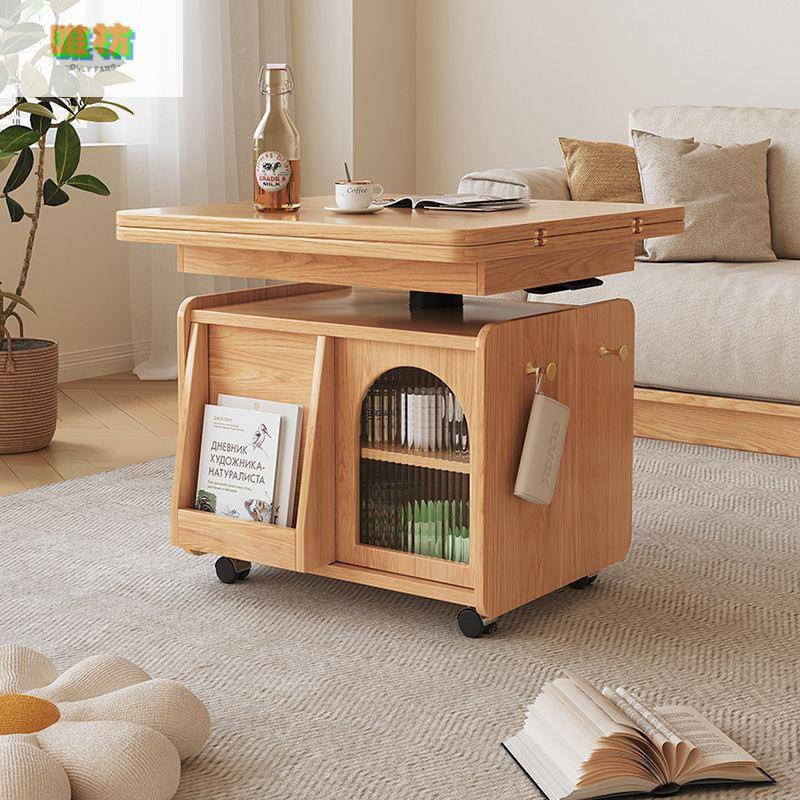 北欧升降折叠茶台餐桌两用小户型简约实木多功能移动推车茶几茶桌